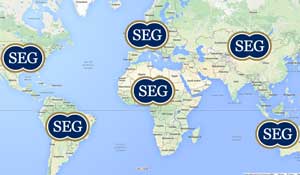 World map marking each continent containing SEG members