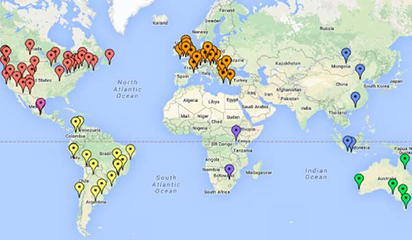 World map with markers in countries that have SEG Student Chapters