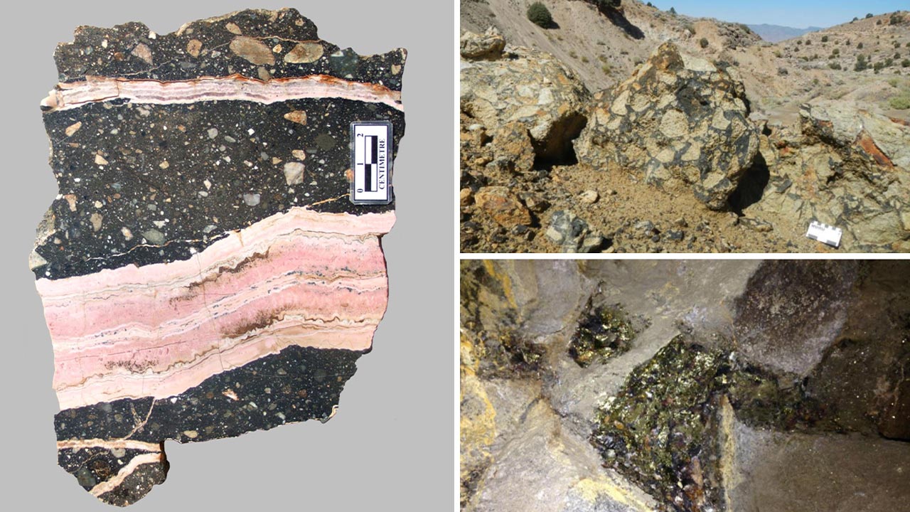 Hand sample of a diatreme breccia from Rosia Montana, Romania and field exposures of the Cactus tourmaline breccia pipe, Utah, USA.