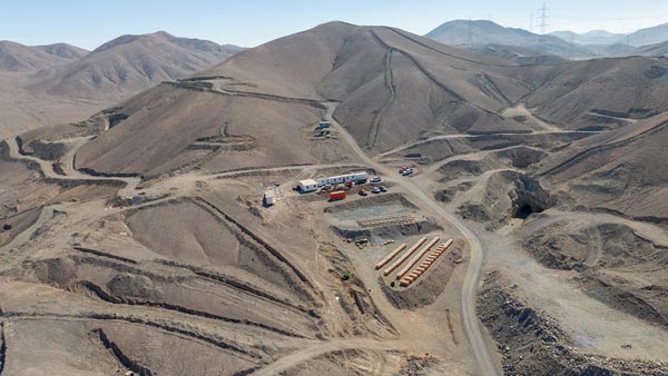 Aerial view of Mina Comahue in the Cordillera de la Costa of northern Chile